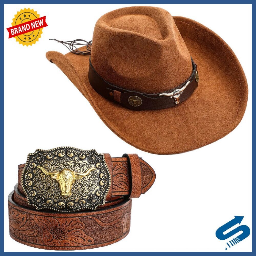 Western Cowboy Hat & Leather Belt Set - Suede & Leather - Unisex - Picture 1 of 8